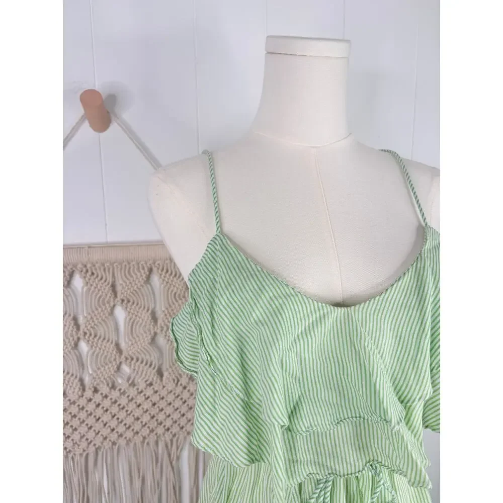 Free People Green Stripe Ruffle Mini Dress Small Flutter Away